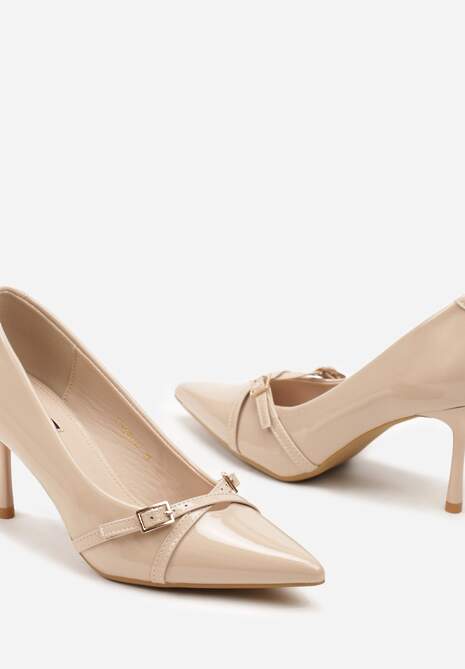 Beżowe Lakierowane Szpilki Vices z Klamrami i Paskami Tamirella