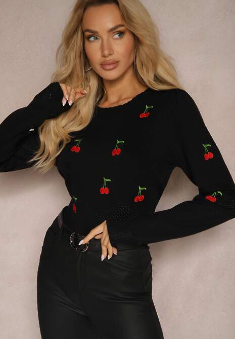 Czarny Sweter z Wiskozą i Ozdobną Perforacją z Aplikacjami w Kształcie Wisienek Niriala