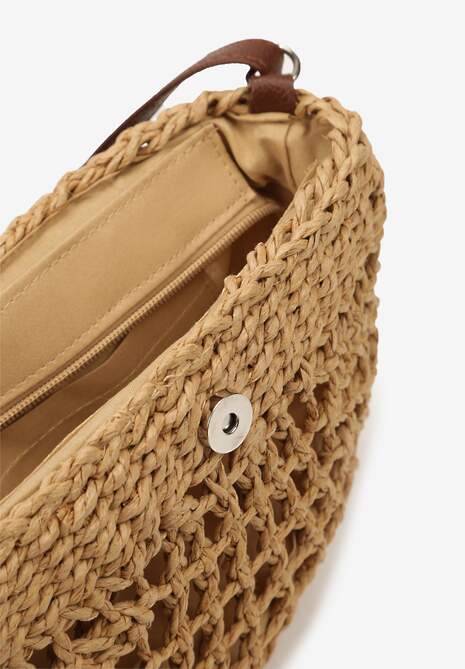 Ciemnobeżowa Pleciona Torebka na Regulowanym Pasku z Zapięciem na Zatrzask i Suwak Setelia