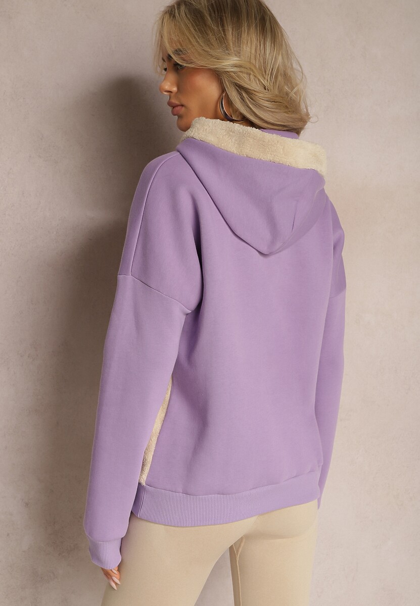 Jasnofioletowa Bluza z Bawełny z Ozdobną Naszywką z Misiem i Polarowym Kapturem Hecatia