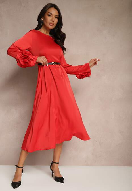 Czerwona Koktajlowa Sukienka z Kwiatowymi Aplikacjami 3D na Rękawach i Paskiem Temiraia