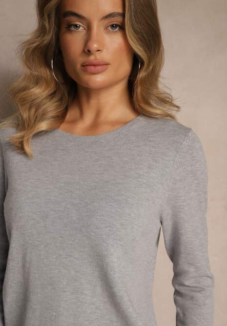 Szary Gładki Sweter w Minimalistycznym Stylu Tevra