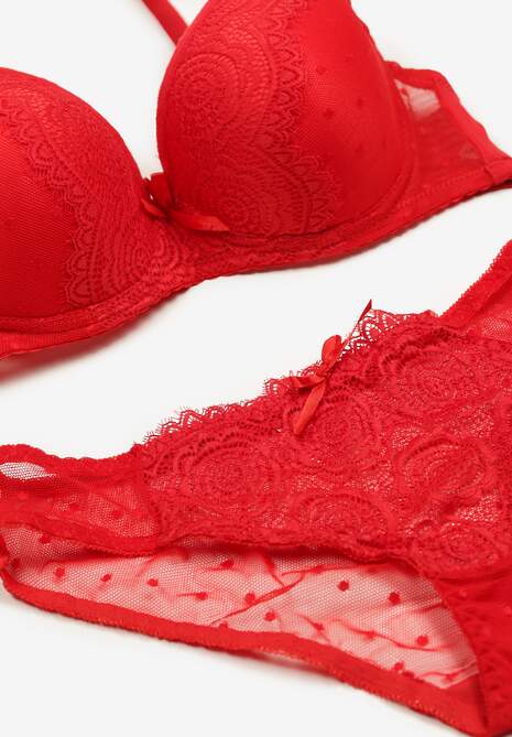 Czerwony Komplet z Koronki Majtki Typu Figi i Biustonosz z Kokardami i Usztywnieniem Arrbelia