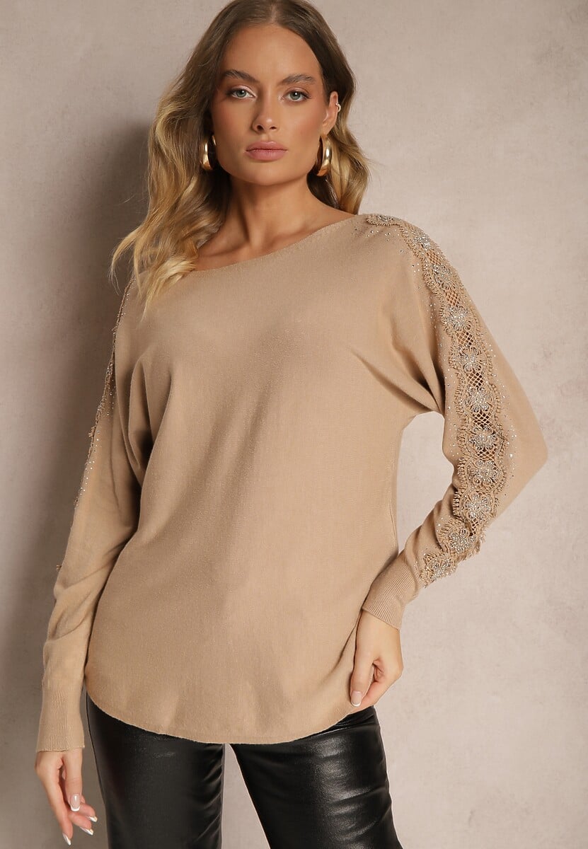 Szary Sweter z Wiskozą z Cyrkoniami i Koronką na Rękawach Enarimia