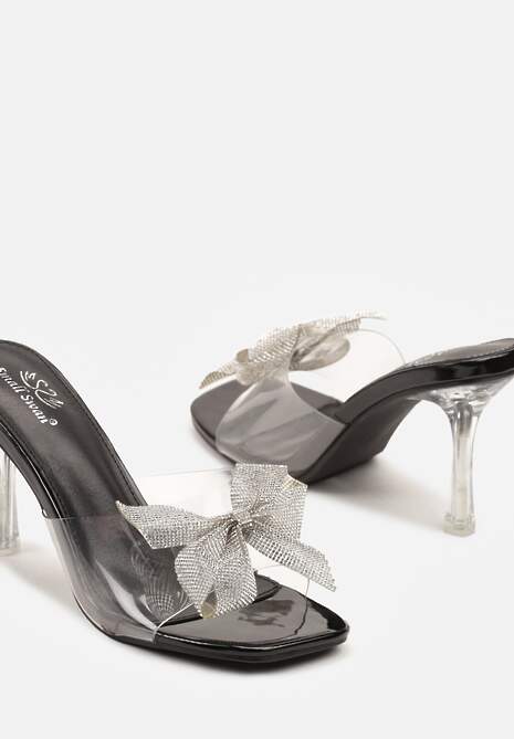 Czarne Przezroczyste Klapki Szpilki z Cyrkoniowymi Kokardami Tysseli