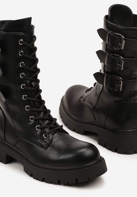 Czarne Botki Typu Workery Zdobione Sprzączkami Therrie