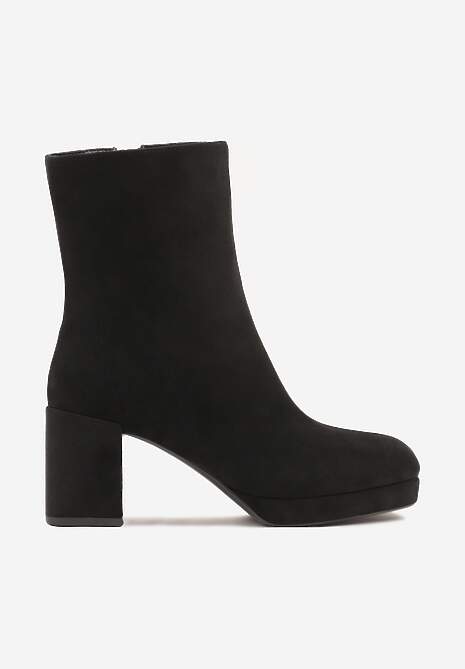 Czarne Botki Vices z Imitacji Zamszu na Platformie i Słupku Ozdobione z Kwadratowym Noskiem Faleanna