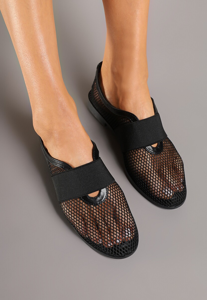 Czarne Siateczkowe Balerinki Ozdobione Elastycznym Paskiem Selesi