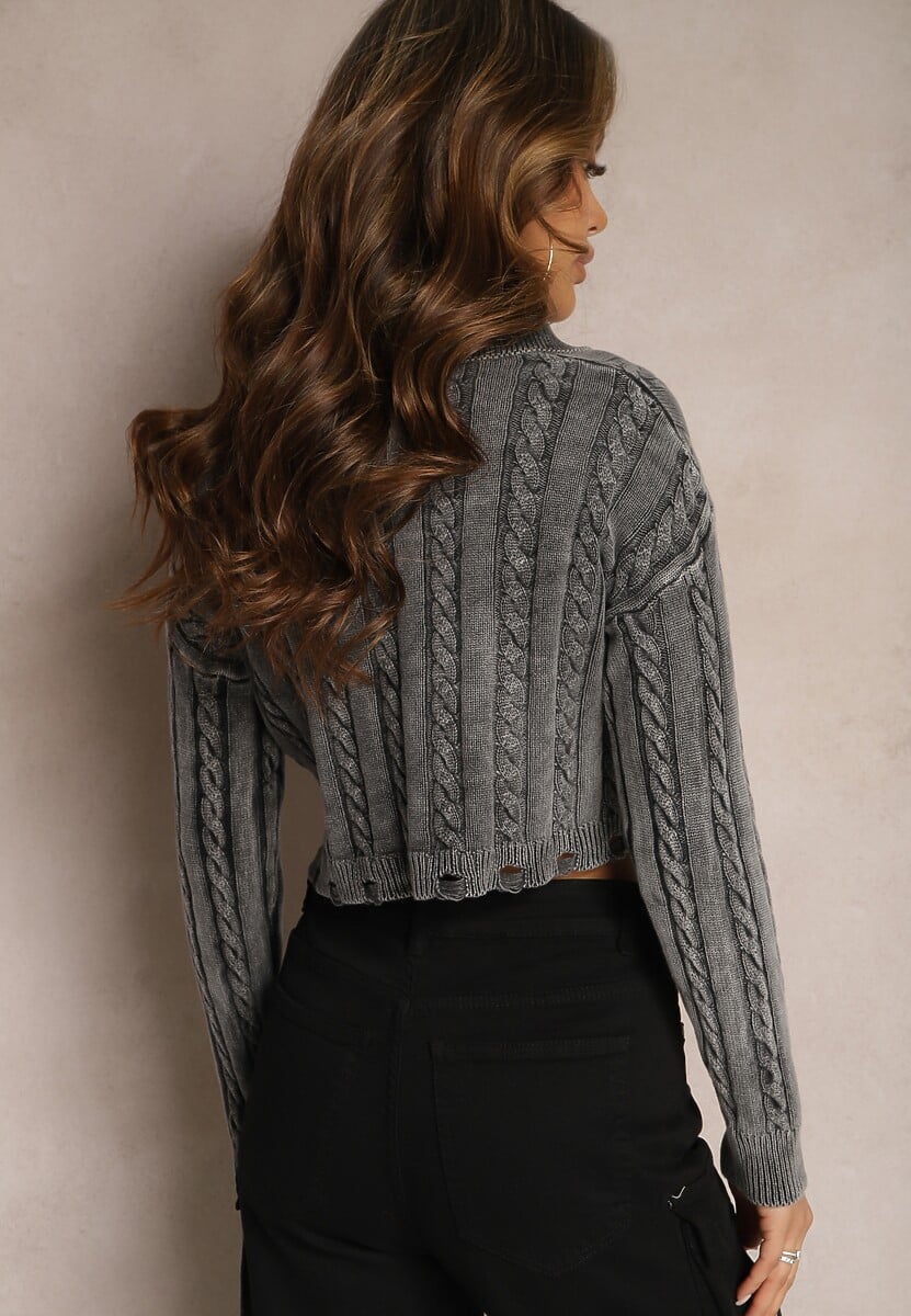 Szary Sweter o Fasonie Cropped z Warkoczykowym Splotem i Kołnierzem Zorilda