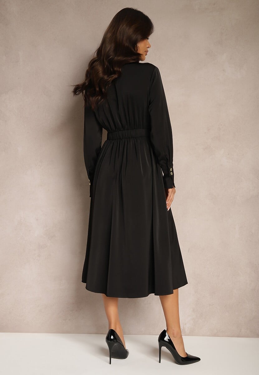 Czarna Koszulowa Sukienka o Rozkloszowanym Kroju z Gumką w Pasie i Imitacją Kieszeni Etaviela