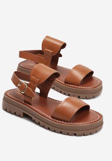 Brązowe Sandały na Płaskiej Podeszwie z Przeszyciami i Sprzączką Simisola