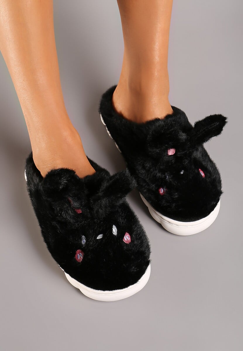 Czarne Futrzane Kapcie Vices na Platformie z Tłoczeniem w Stylu Królika Adarevia