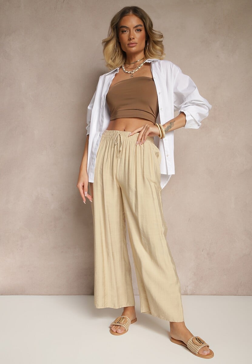 Beżowe Spodnie z Wiskozy High Waist o Szerokim Kroju Divlise