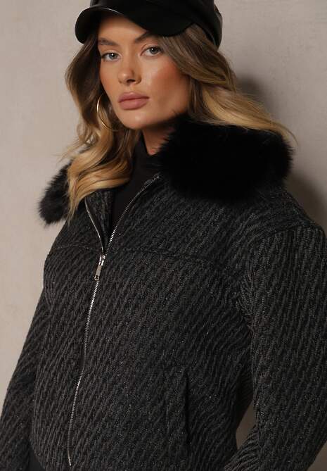 Czarna Elegancka Kurtka z Kołnierzem z Futerka i Błyszczącą Nicią Vertilora
