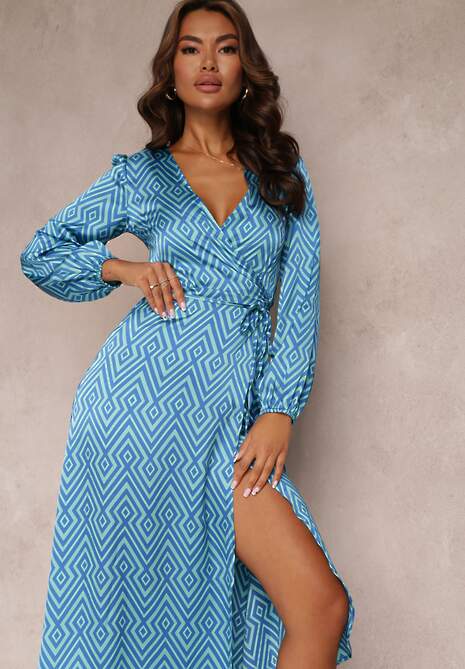 Niebieska Satynowa Sukienka Kopertowa w Geometryczny Wzór Hurush