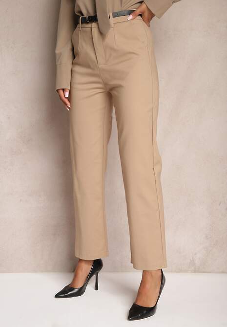 Ciemnobeżowe Spodnie z Dodatkiem Bawełny o Klasycznym Kroju z Paskiem Lilatria