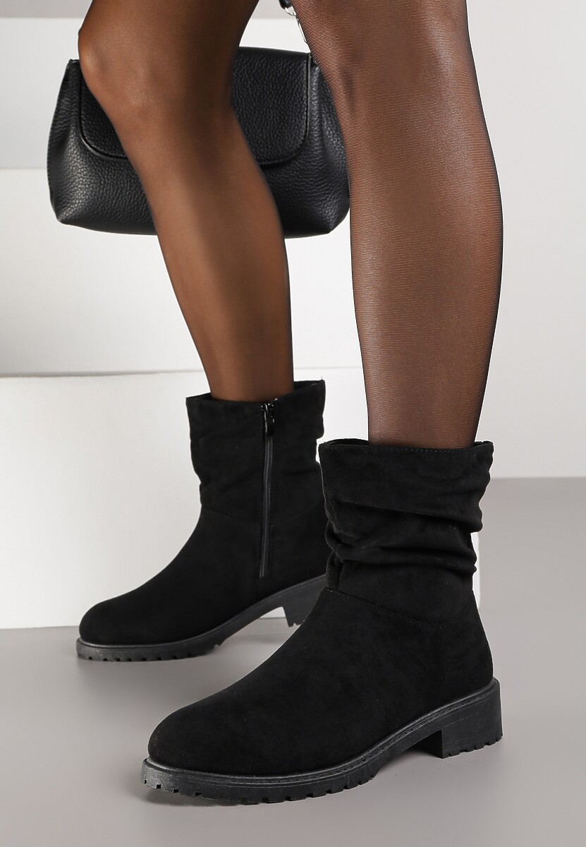 Ciemnobeżowe Botki z Imitacji Zamszu z Marszczoną Cholewką do Kostki Ilora