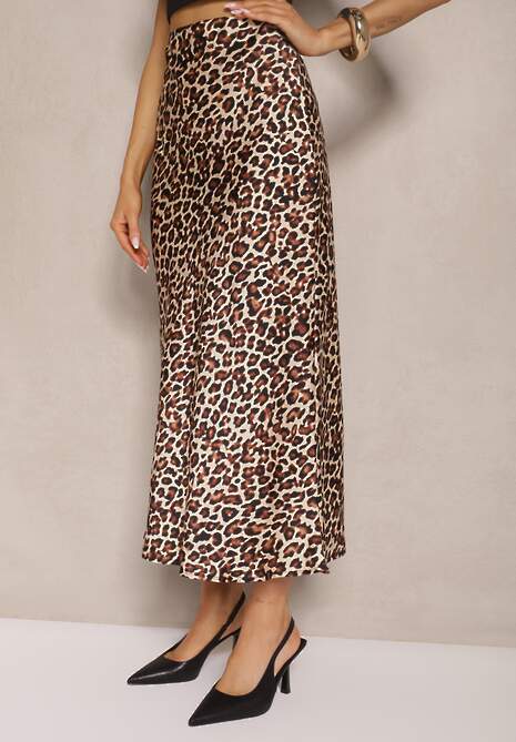 Brązowa Spódnica High Waist ze Zwierzęcym Printem i Gumką w Talii Dimella