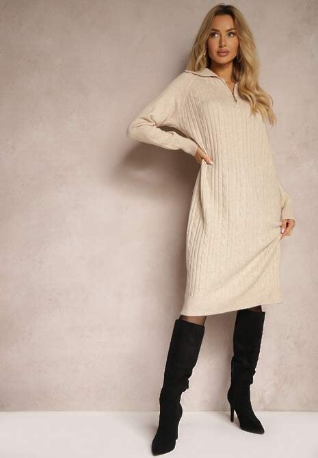 Jasnobeżowa Sukienka z Wełną i Bawełną Ozdobiona Suwakiem i Kołnierzykiem Leralina