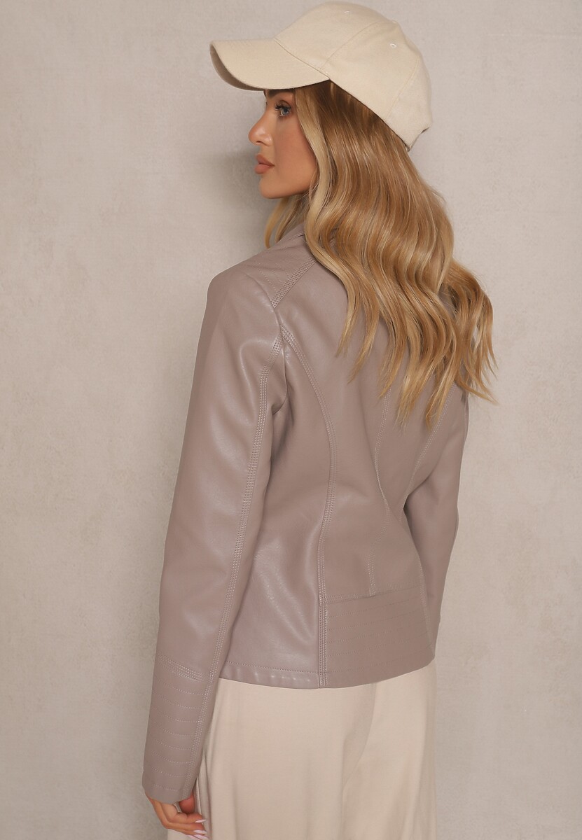 Ciemnobeżowa Kurtka w Stylu Ramoneski z Suwakiem i Napami Mevira