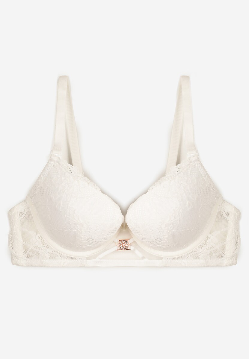 Jasnobeżowy Koronkowy Biustonosz Push-Up z Metaliczną Ozdobą Aclenne