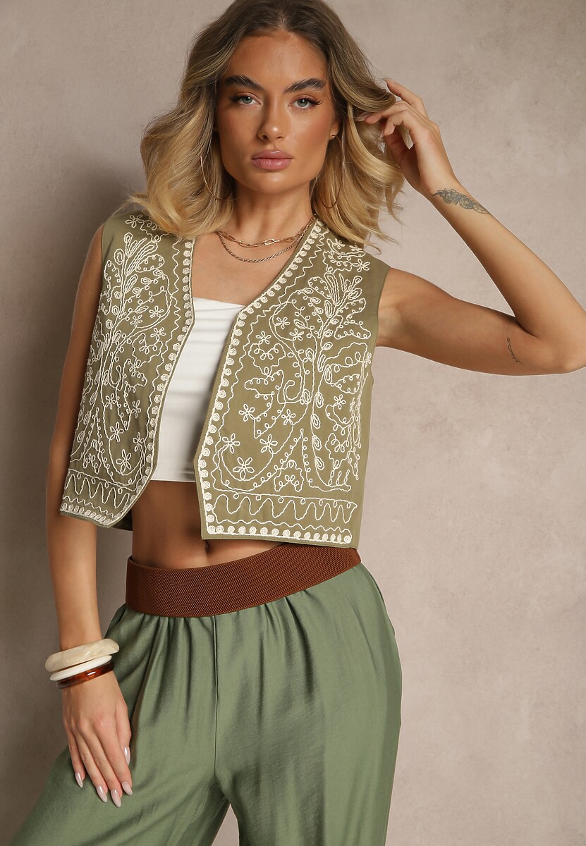 Ciemnozielona Kamizelka z Bawełny z Ozdobnym Haftem Worvanis