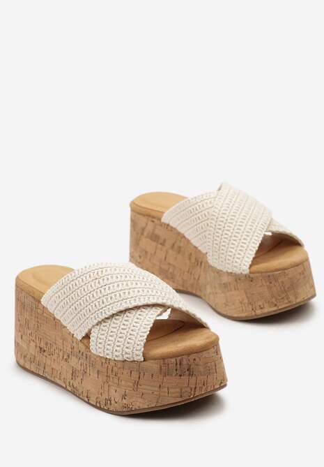 Beżowe Klapki na Platformie z Koturnem i Plecionką Paanas