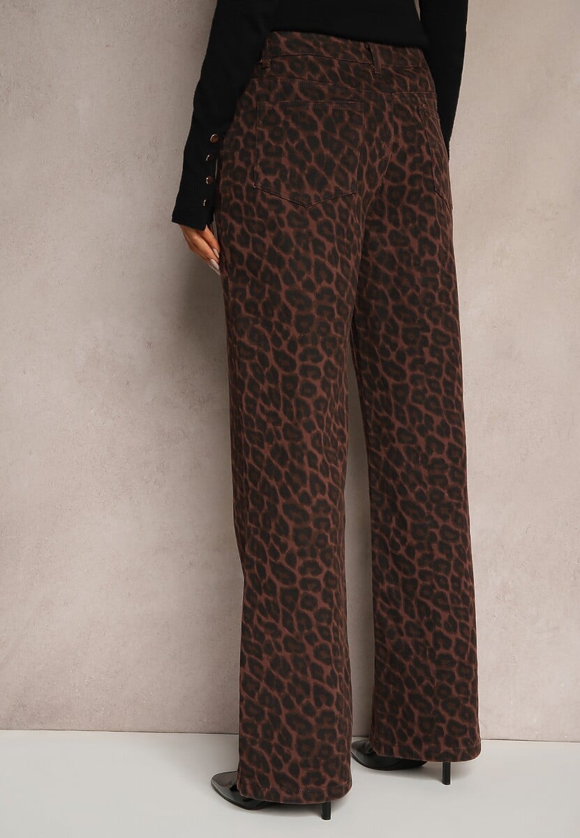 Brązowe Panterkowe Szerokie Spodnie z Bawełny Semiloria