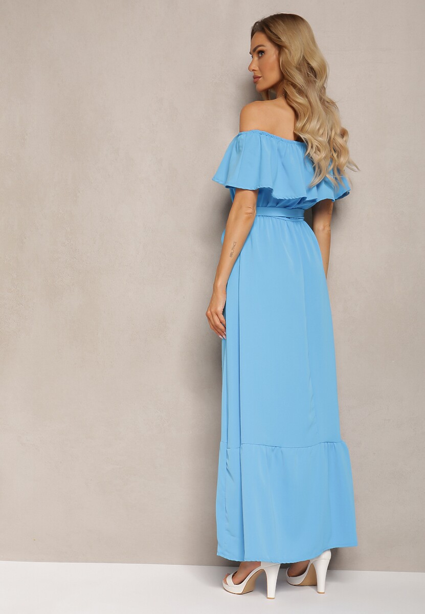 Niebieska Hiszapanka Sukienka o Rozkloszowanym Fasonie z Falbanką Naviara