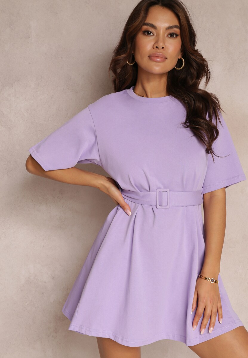 Jasnoniebieska Rozkloszowana Sukienka Mini z Bawełny z Dodatkowym Paskiem Seibeia