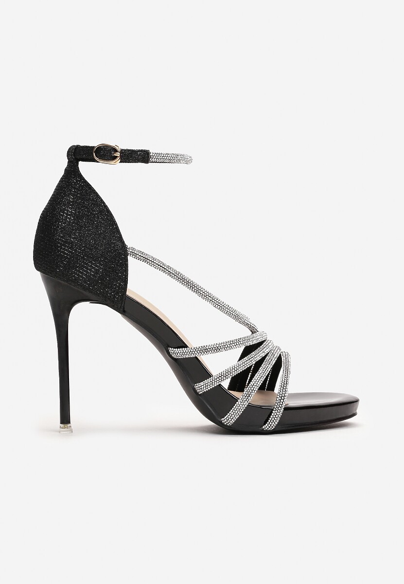 Czarne Sandały z Paskami w Cyrkonie na Szpilce Sertia