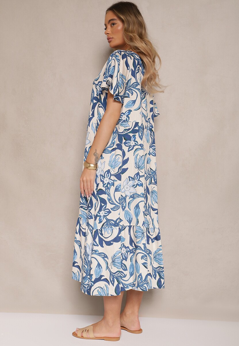 Niebieska Sukienka Wiskozowa o Pudełkowym Kroju w Kwiatowy Print Ranisla