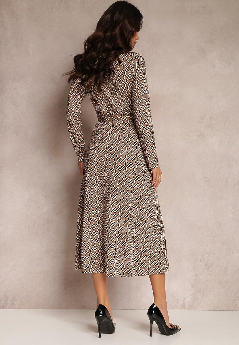 Beżowa Sukienka Koszulowa z Długim Rękawem i Wiązanym Paskiem Salar