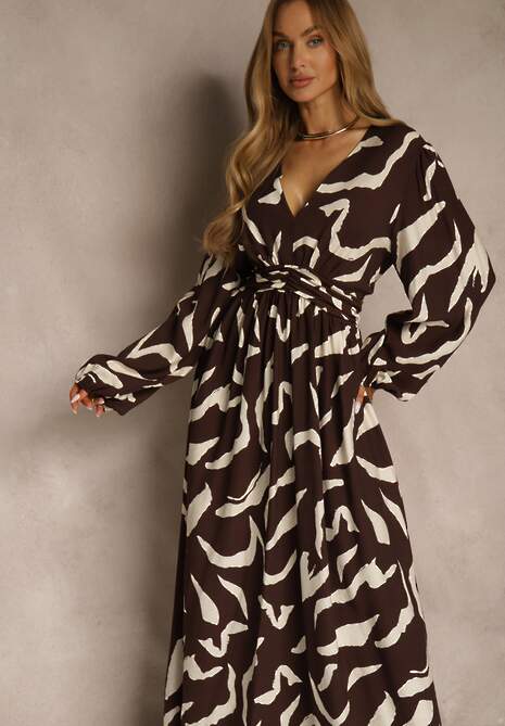 Brązowa Sukienka z Wiskozą o Rozkloszowanym Kroju Netiva