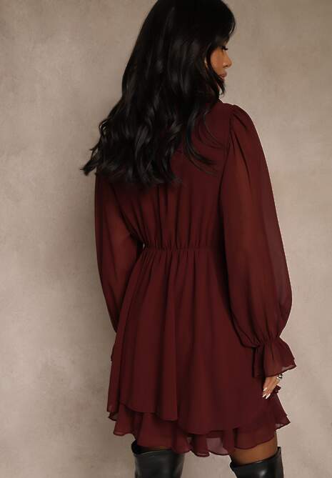 Bordowa Siateczkowa Sukienka o Rozkloszowanym Fasonie z Falbankami Zenniria