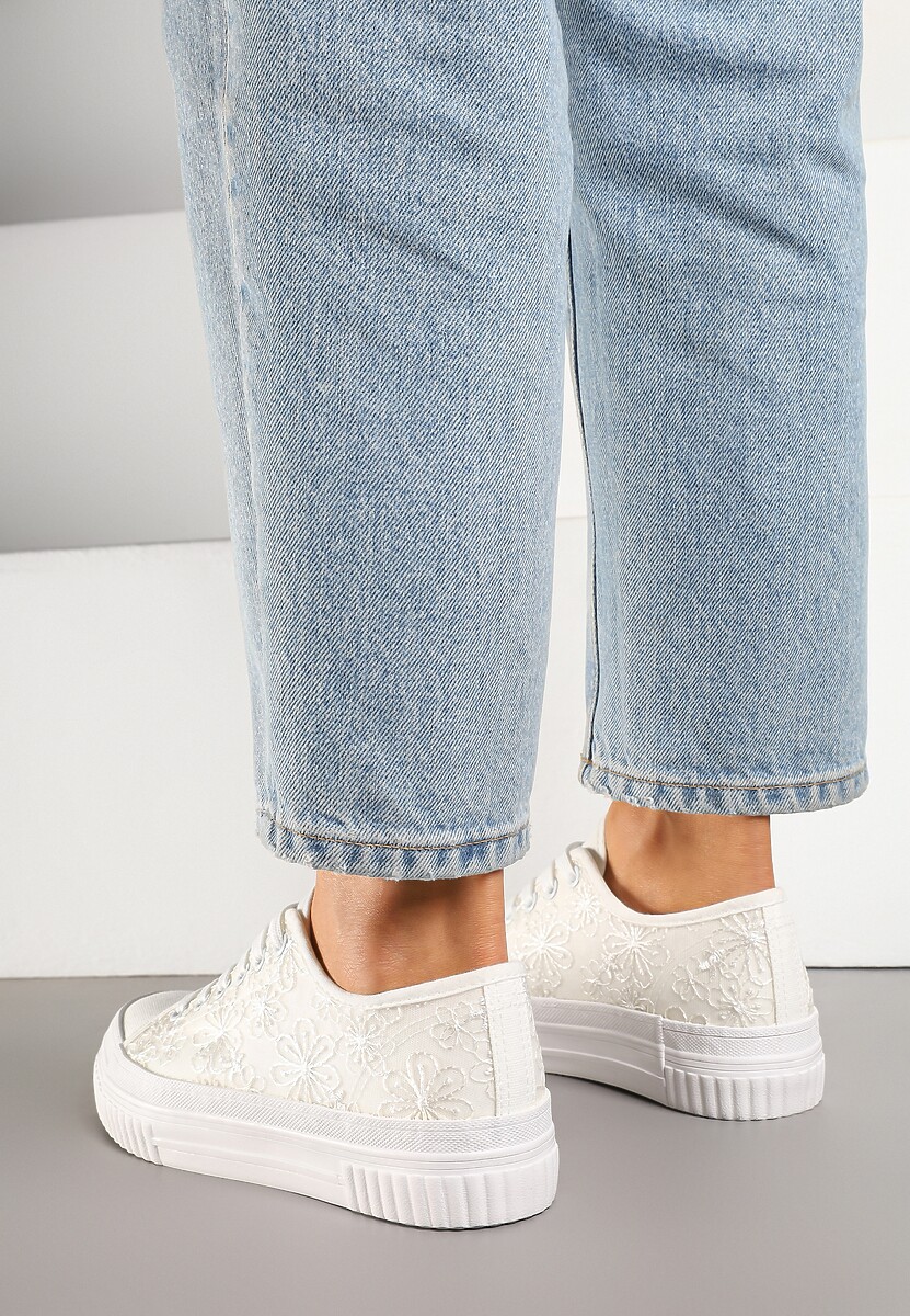 Białe Klasyczne Trampki z Cholewką z Haftem Meppane