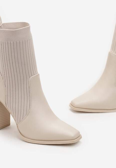 Beżowe Botki ze Skarpetkową Cholewką na Słupku Kinrade