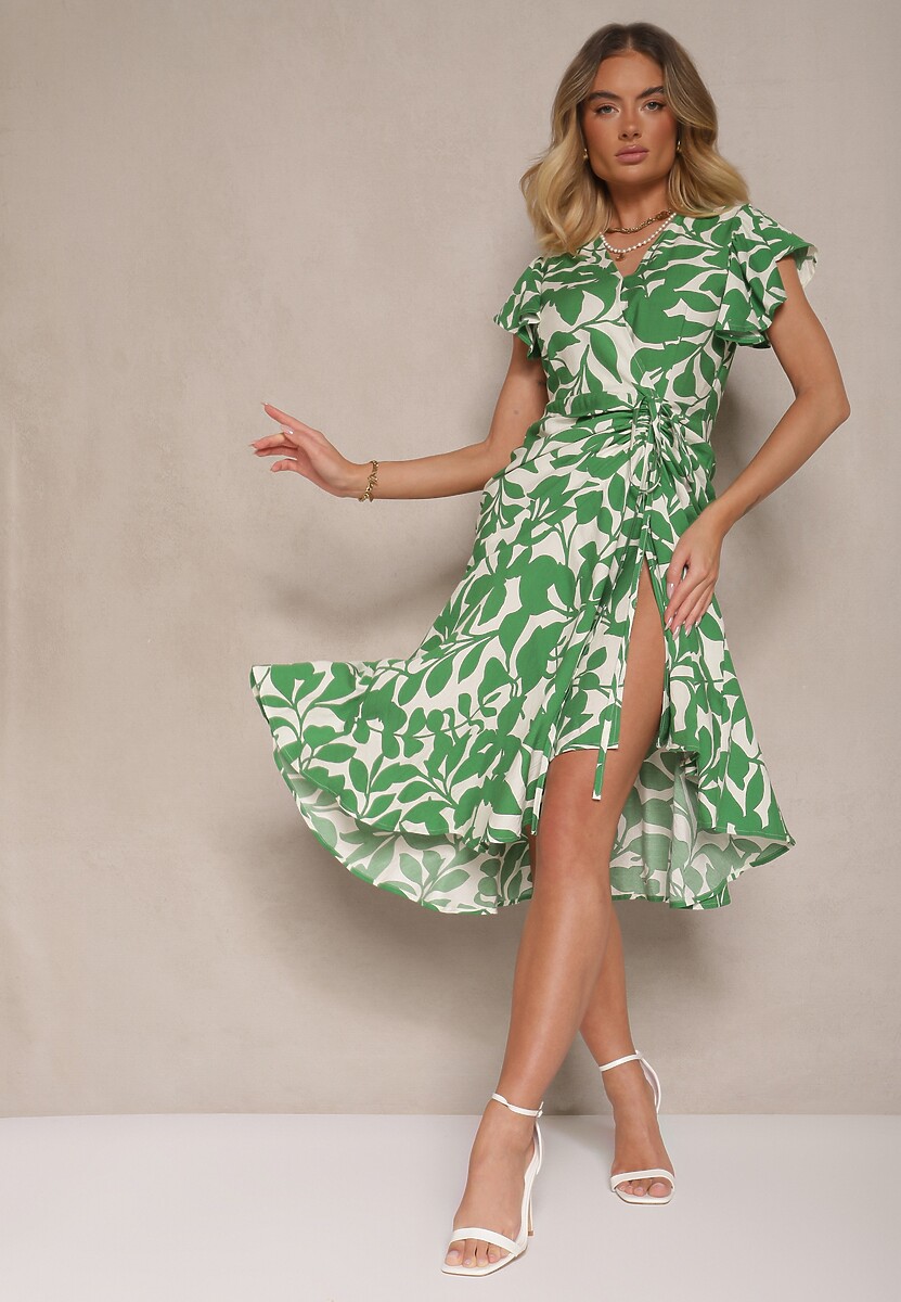 Zielona Sukienka o Rozkloszowanym Kroju z Wiązaniem z Motywem Roślinnym Janiraena