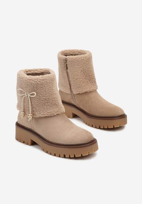 Ciemnobeżowe Botki na Platformie Ozdobione Kokardą i Wywiniętą Cholewką Attelyn