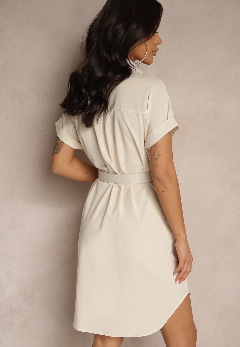 Beżowa Koszulowa Sukienka z Paskiem i Kieszonkami Efriella