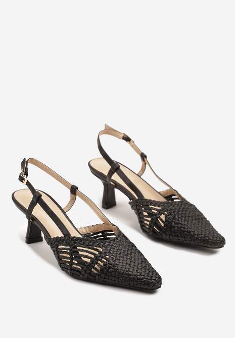 Czarne Plecione Sandały na Obcasie Kaczuszka Slingback Felorna