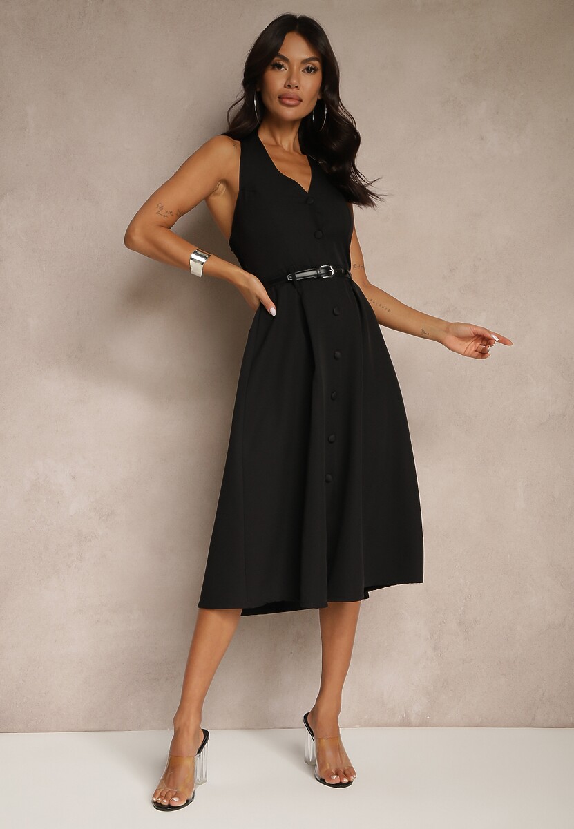 Ciemnobeżowa Rozkloszowana Sukienka z Guzikami Folunira