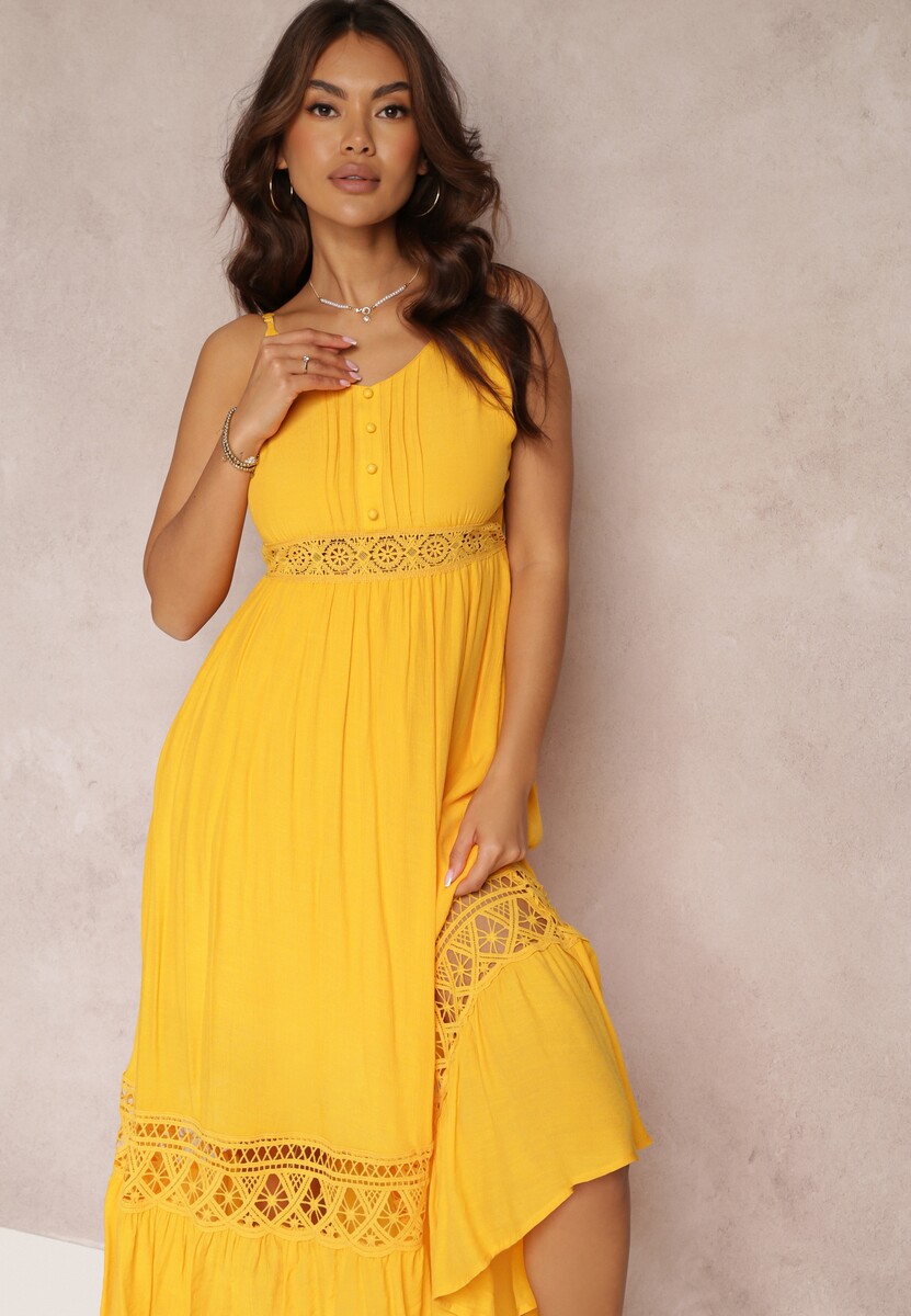 Czarna Rozkloszowana Sukienka Maxi z Falbanką i Koronką Luluma