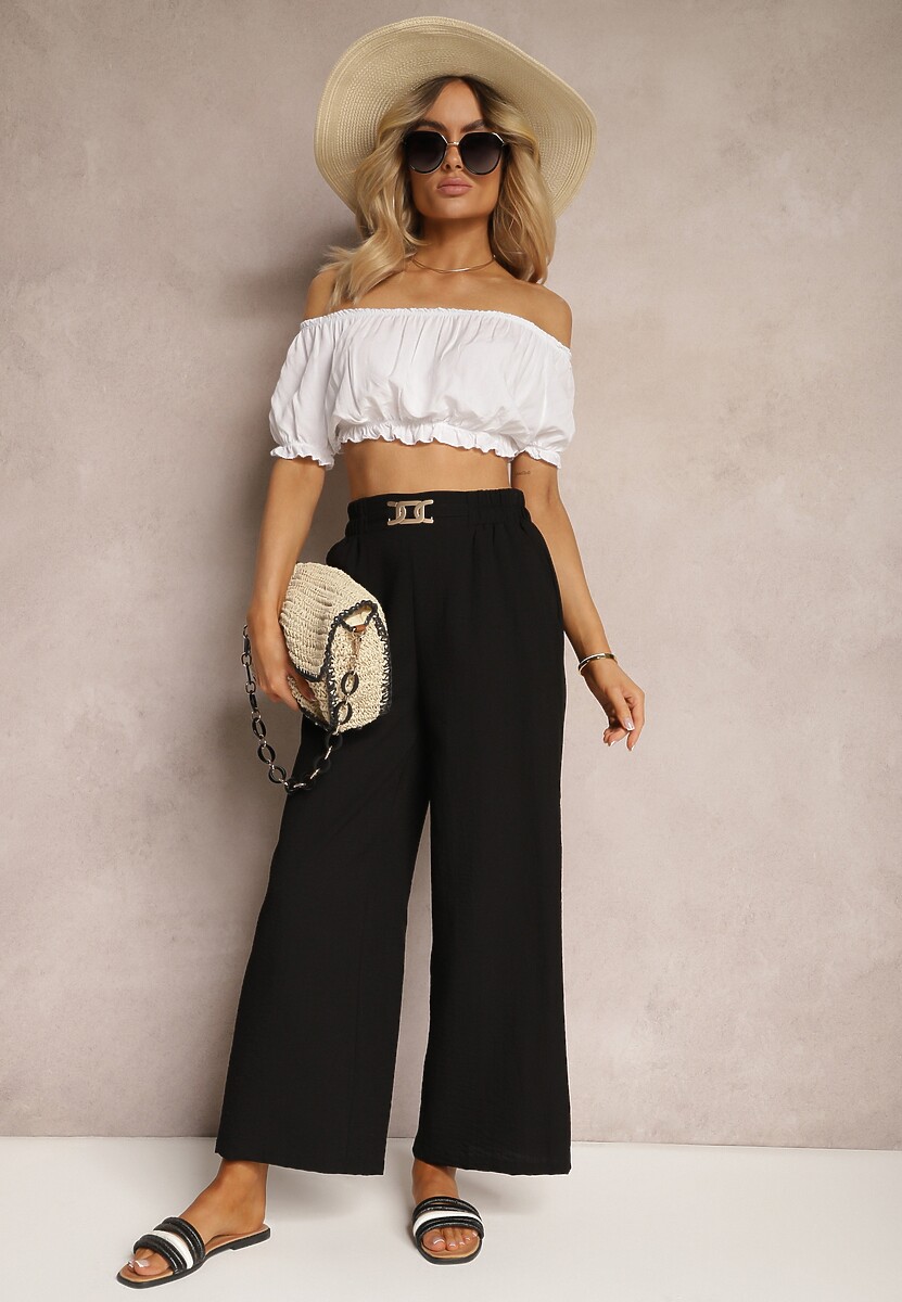 Jasnoróżowe Spodnie z Szerokimi Nogawkami w Stylu Palazzo High Waist z Gumką w Pasie z Ozdobnym Elementem Ellsiana