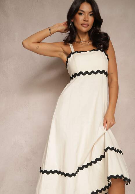 Beżowa Sukienka z Wiskozą i Bawełną na Ramiączkach z Geometrycznym Wzorem Ilanvia