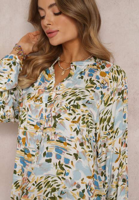 Jasnoniebiesko-Zielona Rozkloszowana Sukienka w Abstrakcyjny Wzór i Górą Zapinaną na Guziki Skylare