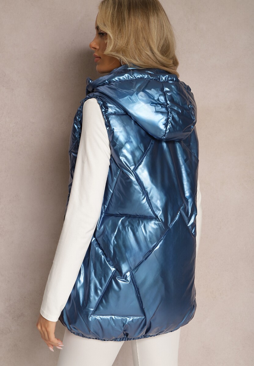 Niebieska Kamizelka z Geometrycznym Pikowaniem i Kapturem Lucide