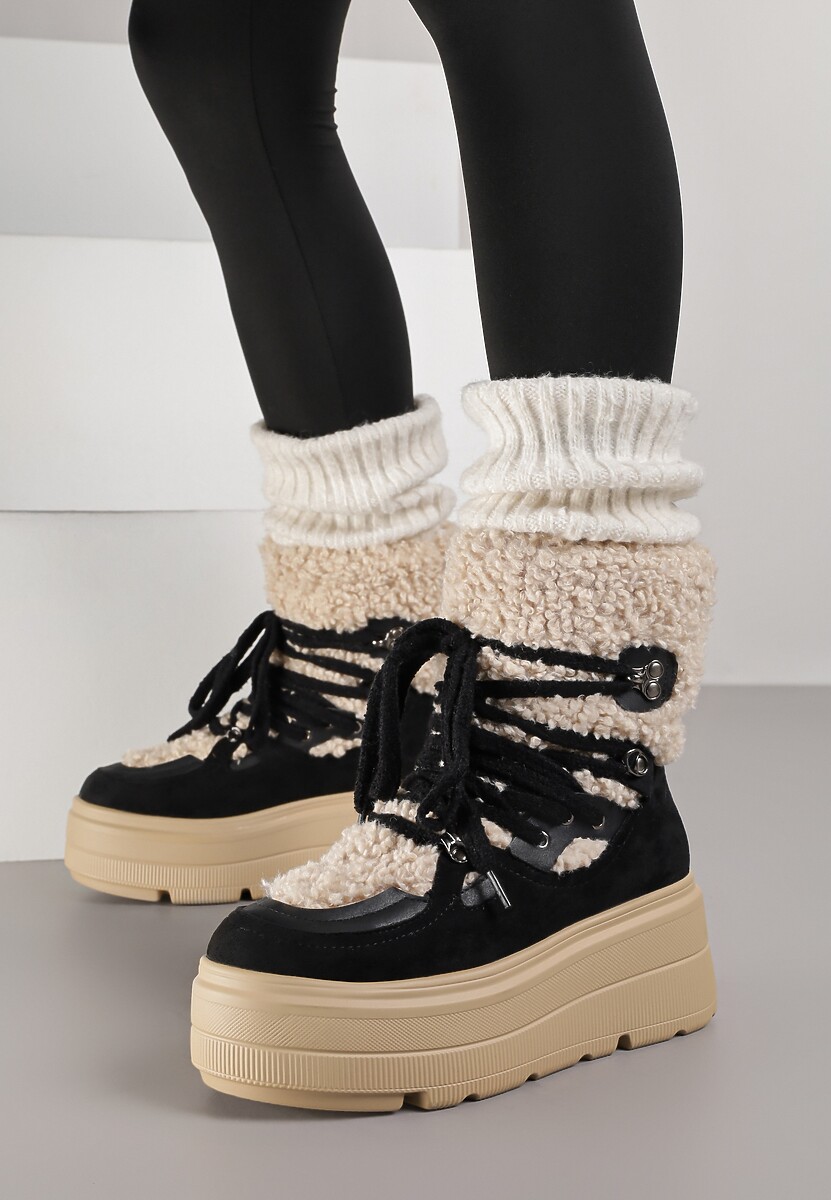 Czarne Śniegowce na Grubej Podeszwie ze Sznurowaną Cholewką z Futerkiem Zerisa