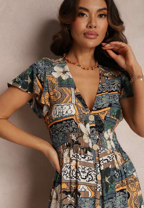 Szara Sukienka z Wiskozy Maxi z Gumką w Pasie Weha