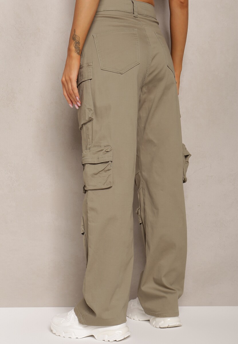 Ciemnozielone Bawełniane Spodnie Bojówki High Waist Arcara